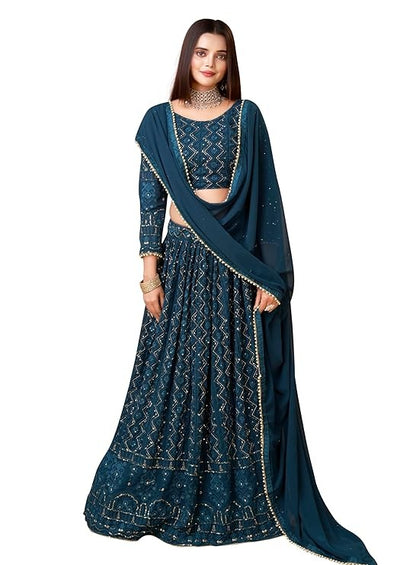 Blue Lucknowi Embroidery With Sequence Work Georgette Wedding Wear Lehenga Choli For Womens