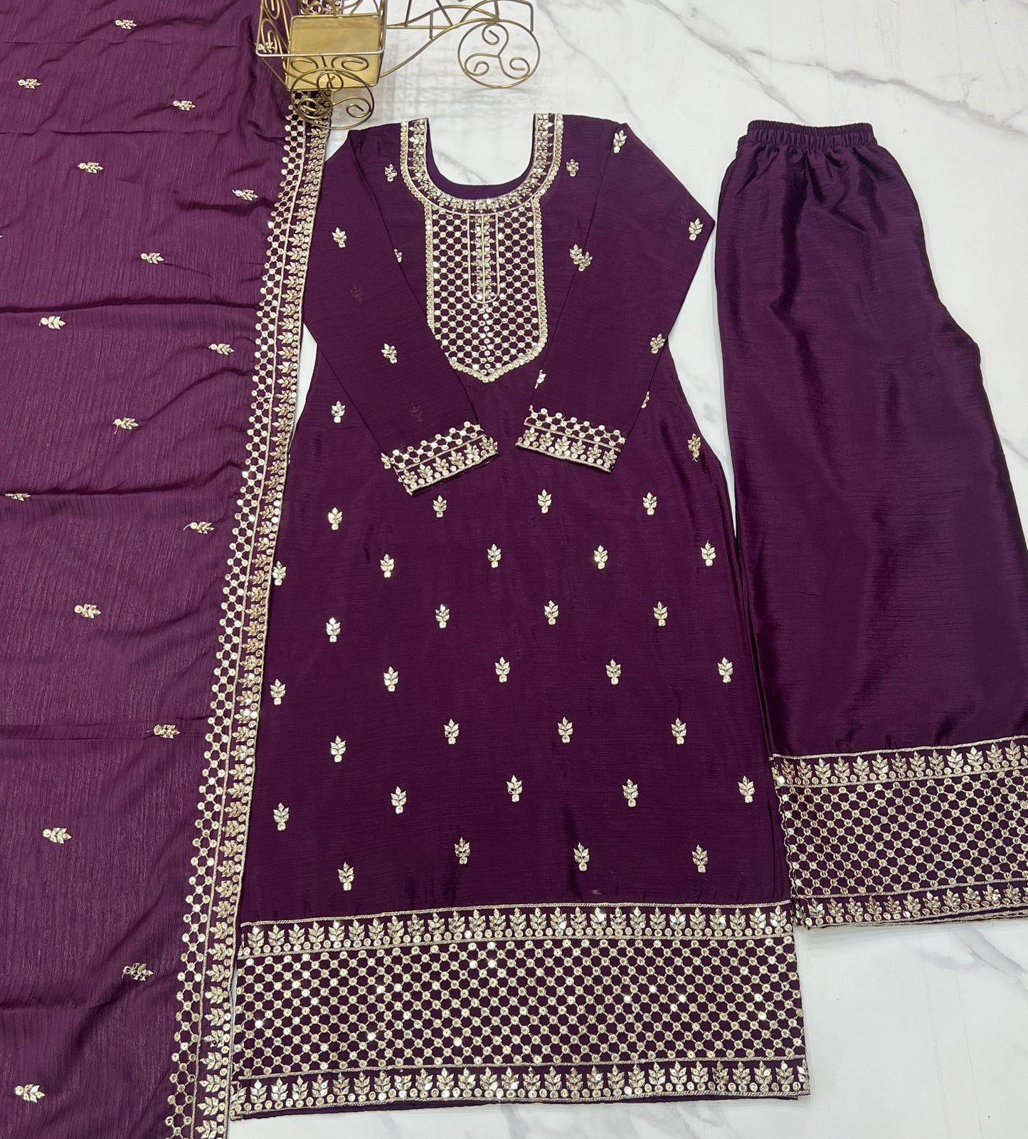BEAUTIFUL PURE CHINON SILK FABRIC STRAIGHT FIT KURTA WITH DUPPTA SET, TROUSERS, READY TO WEAR