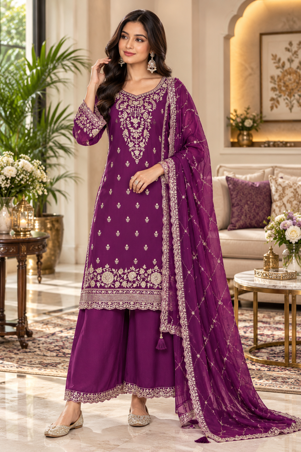 Trending Pakistani Suit Fantastic Look Chinon Sequence Embroidery Wonderful Semi-Stitched Salwar Suit Material