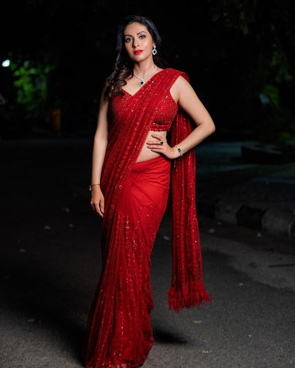 Red Party Wear Sequins Work Saree & Work Blouse Week Special Edition Women Saree