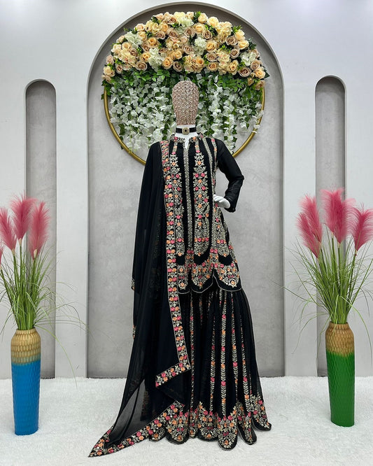 Traditional Black Georgette Multi Thread Embroidered Stitched Wedding Wear Suit