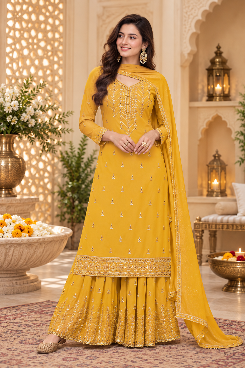 Pakistani Women's Light Weight Georgette Zari Embroidered Beautiful Semi-Stitched Sharara Suit
