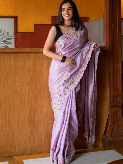 Purple Silk Modal Embroidered Breezy Light Weight Saree with Blouse Piece By Dealbazaars