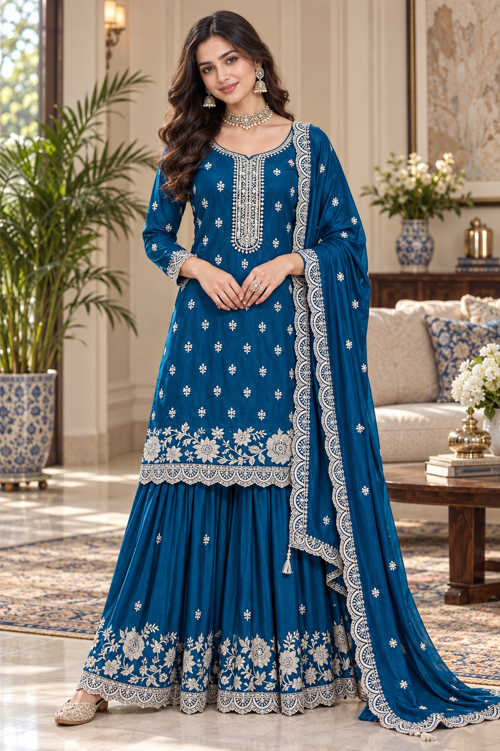 Trending Pakistani Suit Chinon Sequence Embroidery Work Wonderful Semi-Stitched Sharara Suit