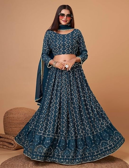 Blue Lucknowi Embroidery With Sequence Work Georgette Wedding Wear Lehenga Choli For Womens