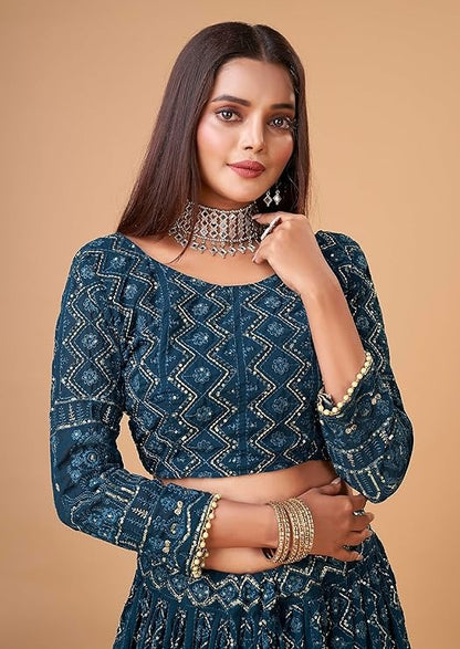 Blue Lucknowi Embroidery With Sequence Work Georgette Wedding Wear Lehenga Choli For Womens