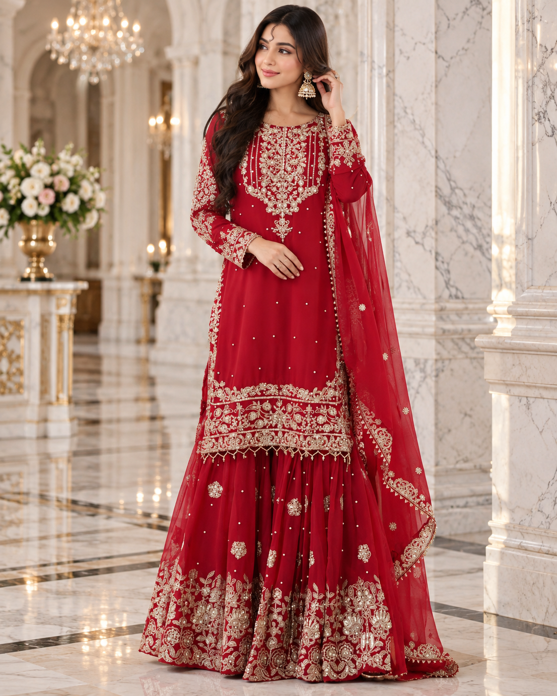 Function Wear Chinon Coding Sequence Embroidery Work Wonderful Semi-Stitched Sharara Suit