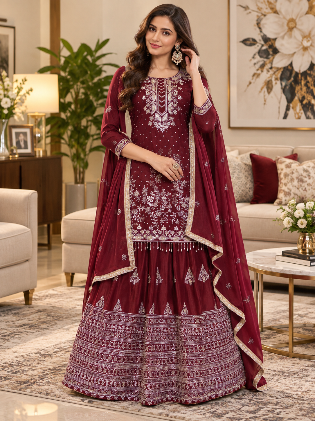 New Arrival Vichitra Silk Embroidered Un-Stitched Beautiful Sharara Suit