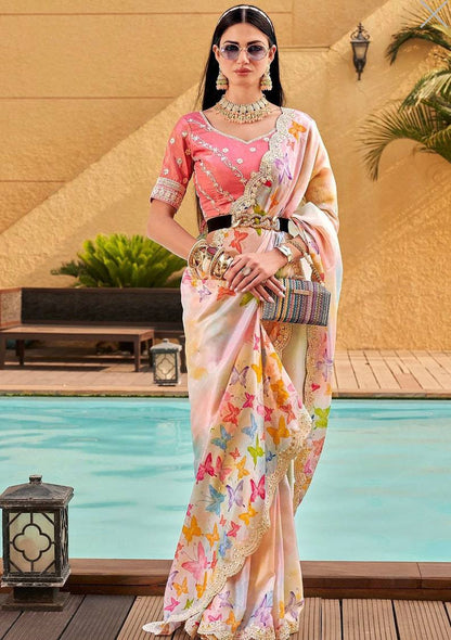 Exclusive Peach Georgette  Embroidery Work & 7 mm sequions Saree With Blouse -BT-1177 By Dealbazaars