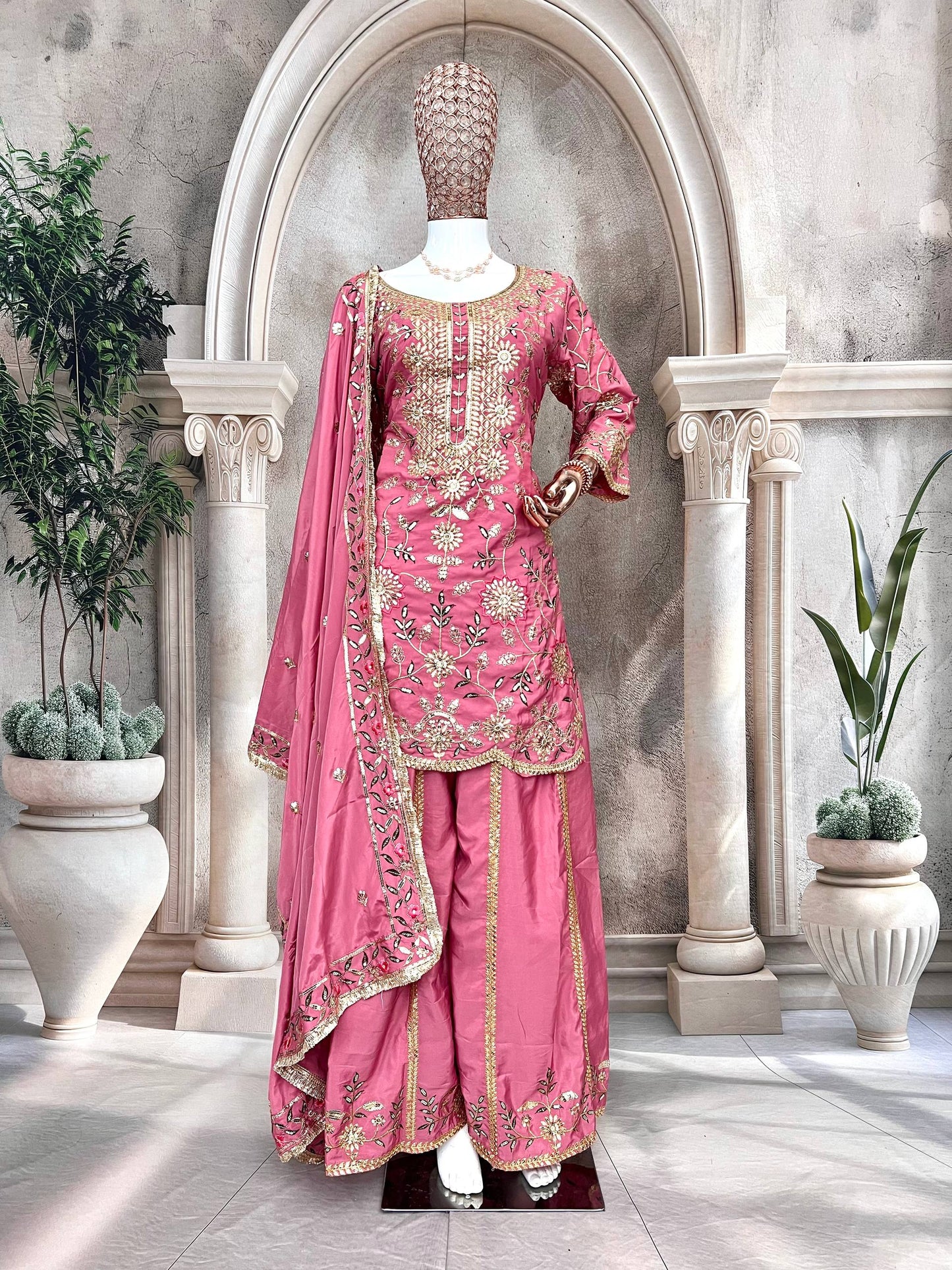 Premium Heavy Pure Natural Crepe Silk Sharara Set with Dupatta – Multi-Needle Sequins Embroidery (Fully Stitched)