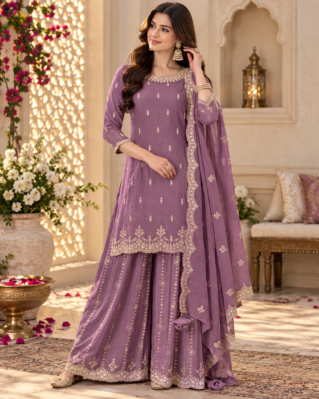 Premium Chinon Sequence Embroidery Multi Purpose Semi-Stitched Sharara Suit Pakistani Dress for Women