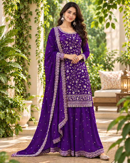 Beautiful Vichitra Silk Sequence Embroidery Multi Purpose Semi-Stitched Pakistani Sharara Suit Material