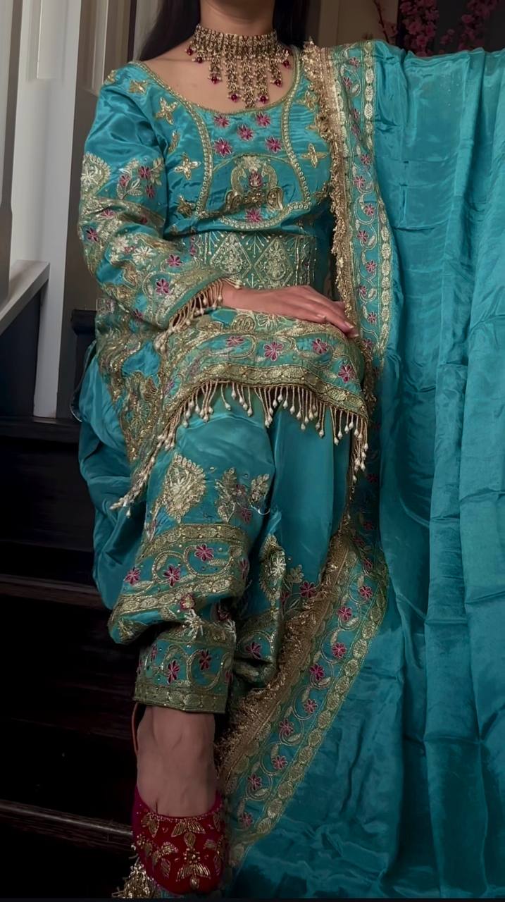 Women’s Natural Crepe Embroidered Dhoti Set with Dupatta | Sequence Work | Fully Stitched Top & Dhoti Style Bottom | Festive & Party Wear