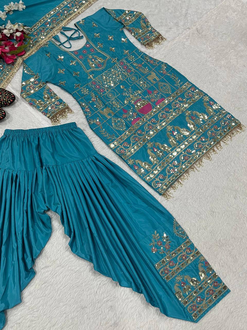 Women’s Natural Crepe Embroidered Dhoti Set with Dupatta | Sequence Work | Fully Stitched Top & Dhoti Style Bottom | Festive & Party Wear