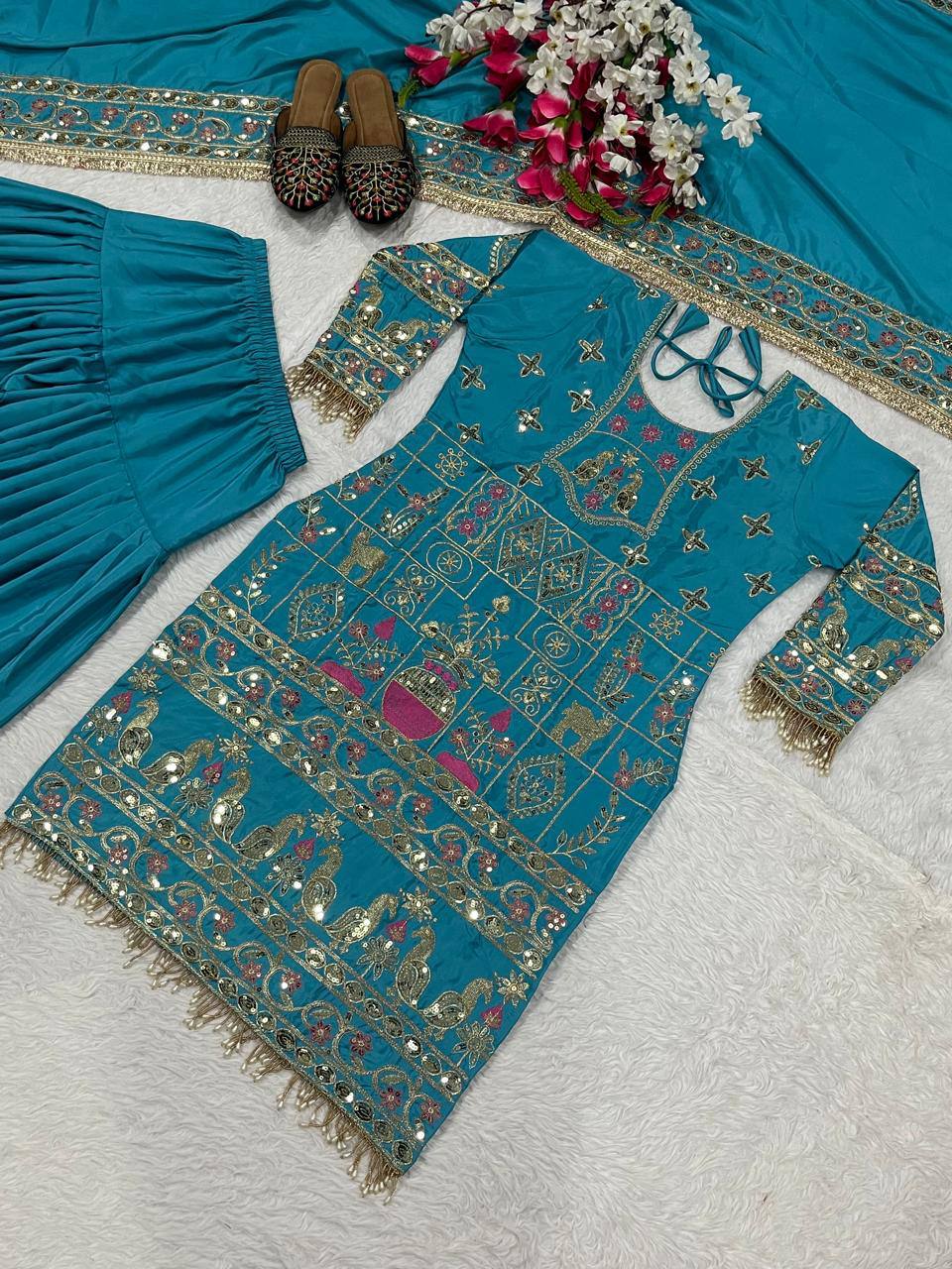 Women’s Natural Crepe Embroidered Dhoti Set with Dupatta | Sequence Work | Fully Stitched Top & Dhoti Style Bottom | Festive & Party Wear