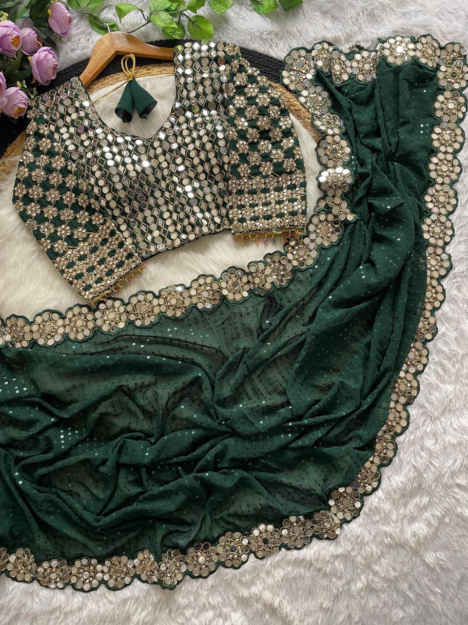 Heavy Faux Georgette Saree with Sequin Work, Mirror Lace Border & Embroidered Blouse