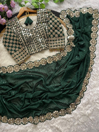 Heavy Faux Georgette Saree with Sequin Work, Mirror Lace Border & Embroidered Blouse