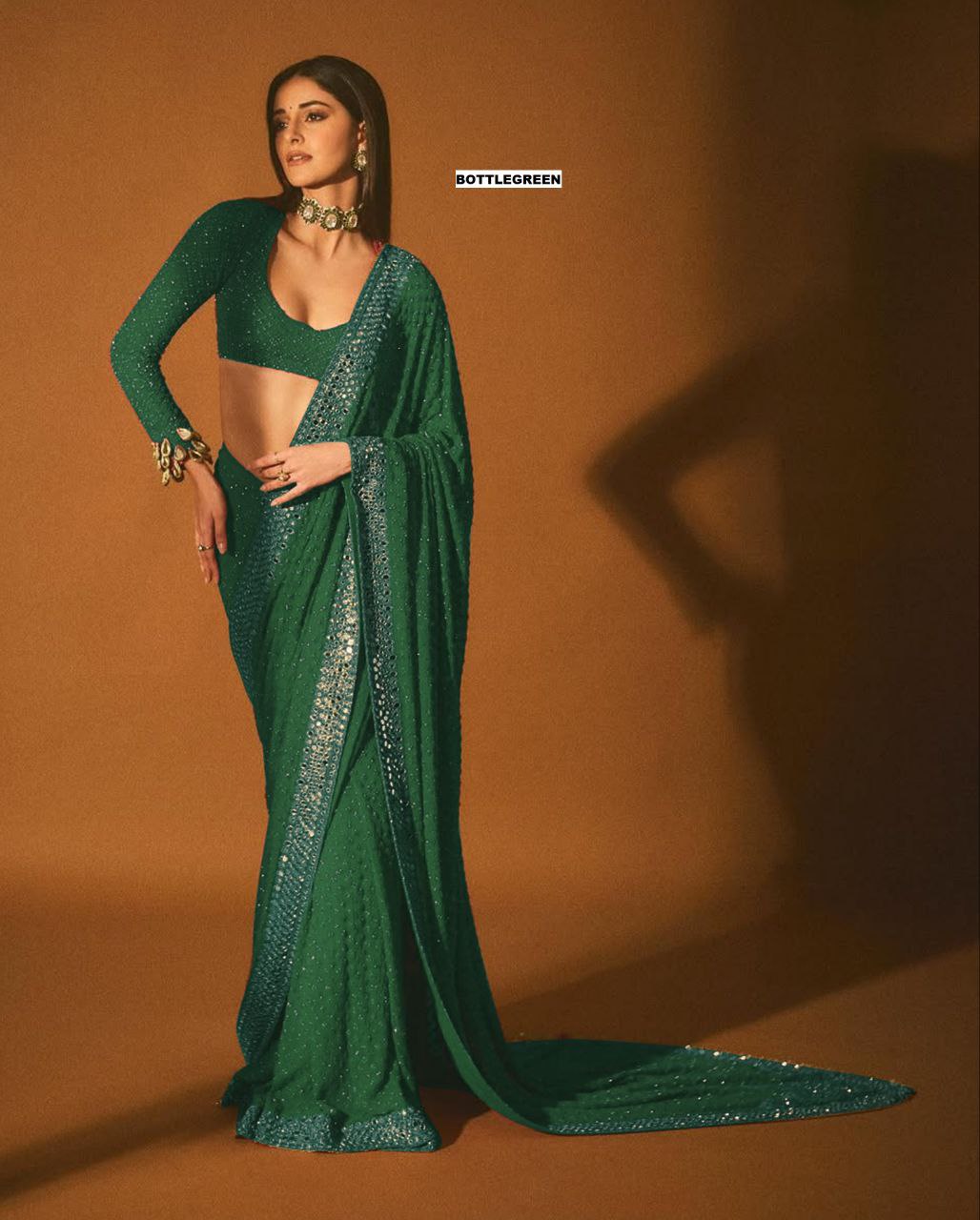 Heavy Quality Faux Georgette Saree with Jari Embroidery & LCD Diamond Mirror Border | 4.4 Mtr Work | Banglori Silk Blouse with Heavy Embroidery & LCD Diamond (Unstitched)