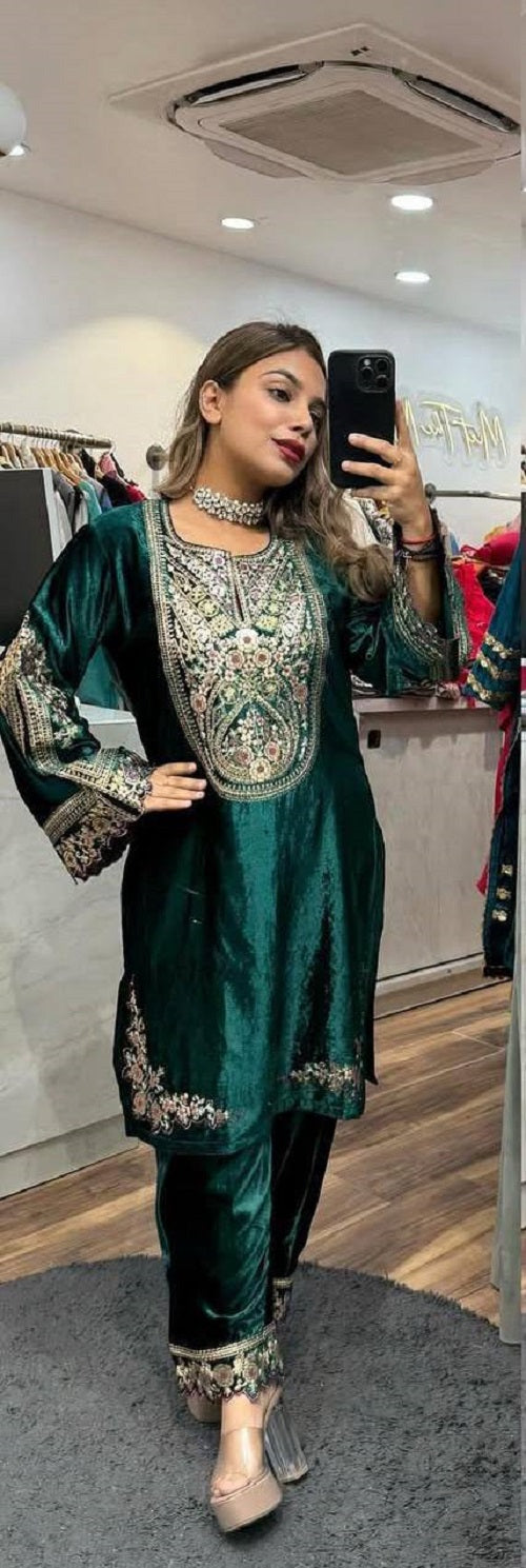 Designer Heavy Viscose Velvet Suit Set with Full Embroidery & Sequins Work Fully Stitched Top and Pant for Women Party & Wedding Wear