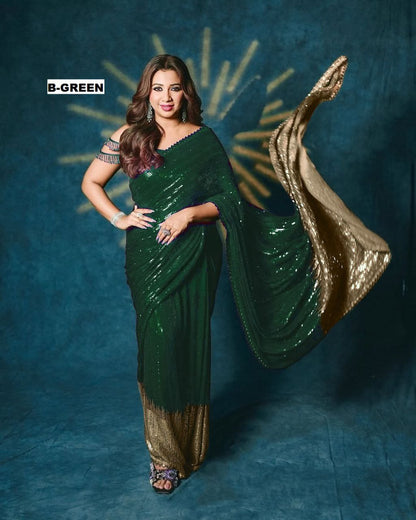 Women’s 60 GSM Georgette Saree with Heavy 5MM & 3MM Dual Sequin Embroidery | Cutwork Lace Border | 4.4M Work Done | Silk Blouse | Party & Festive Wear