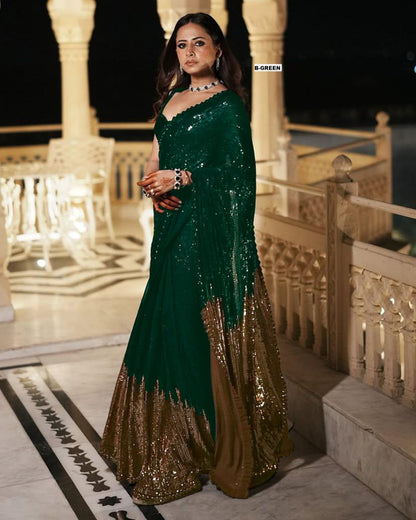 Women’s Georgette Saree with Heavy Dual Sequin Embroidery | Silk Blouse | Cutwork Lace Border | 4.4M Work Done