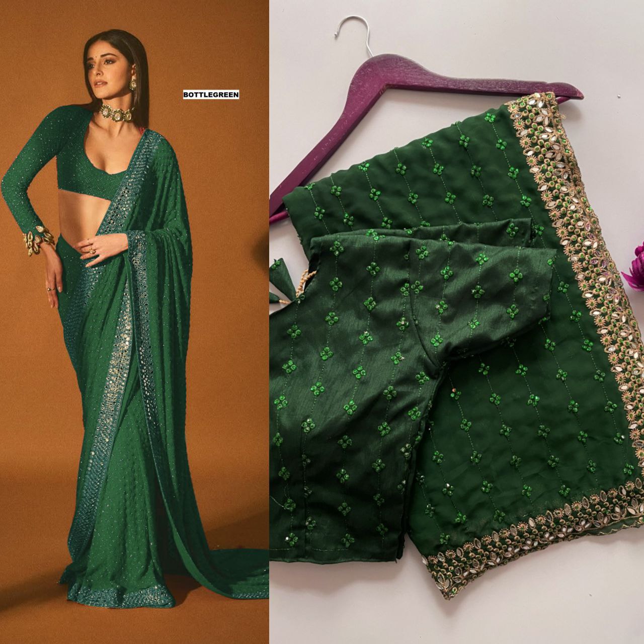 Heavy Quality Faux Georgette Saree with Jari Embroidery & LCD Diamond Mirror Border | 4.4 Mtr Work | Banglori Silk Blouse with Heavy Embroidery & LCD Diamond (Unstitched)