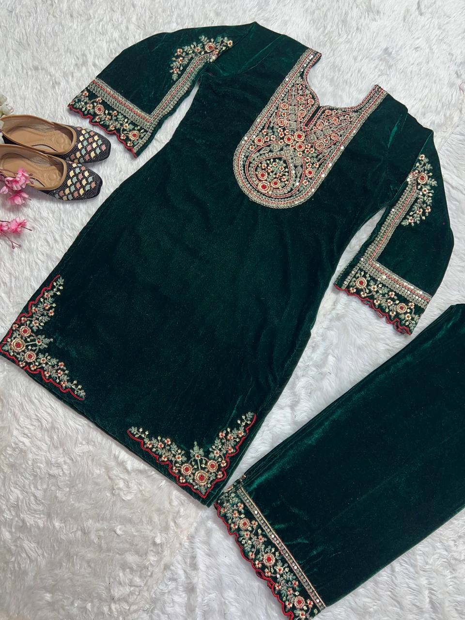 Designer Heavy Viscose Velvet Suit Set with Full Embroidery & Sequins Work Fully Stitched Top and Pant for Women Party & Wedding Wear