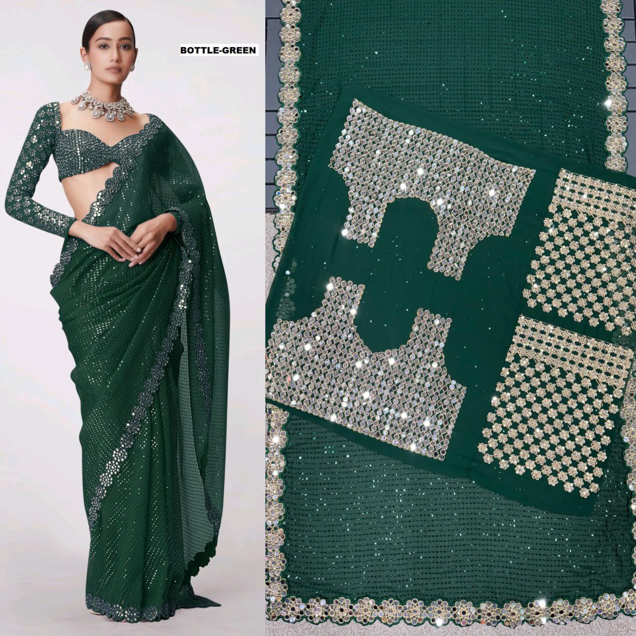 Heavy Faux Georgette Saree with Sequin Work, Mirror Lace Border & Embroidered Blouse