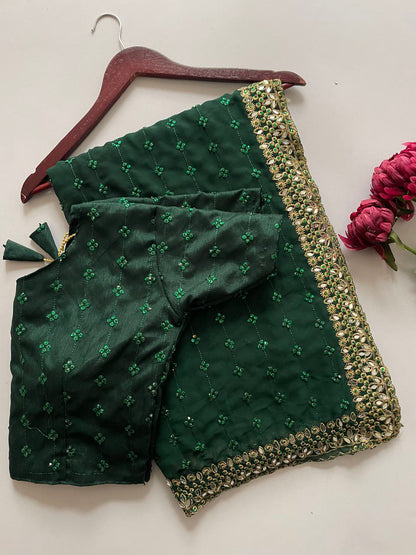 Heavy Quality Faux Georgette Saree with Jari Embroidery & LCD Diamond Mirror Border | 4.4 Mtr Work | Banglori Silk Blouse with Heavy Embroidery & LCD Diamond (Unstitched)