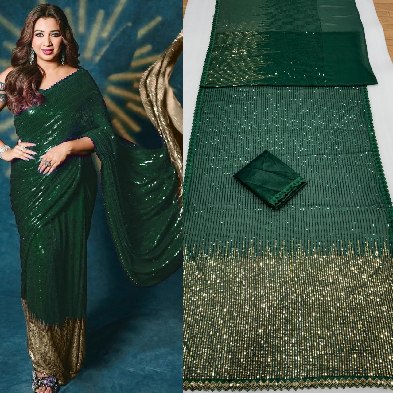 Women’s 60 GSM Georgette Saree with Heavy 5MM & 3MM Dual Sequin Embroidery | Cutwork Lace Border | 4.4M Work Done | Silk Blouse | Party & Festive Wear