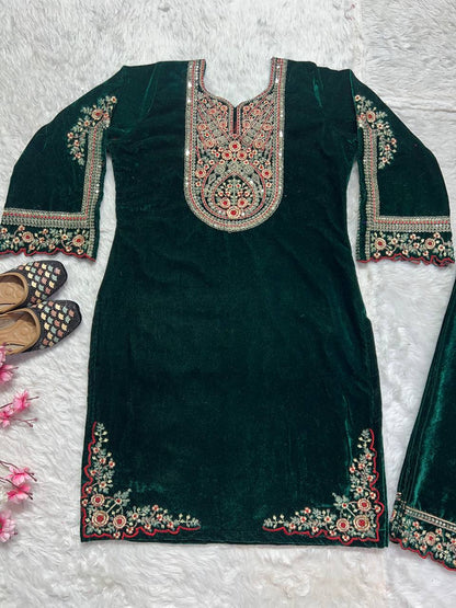Designer Heavy Viscose Velvet Suit Set with Full Embroidery & Sequins Work Fully Stitched Top and Pant for Women Party & Wedding Wear