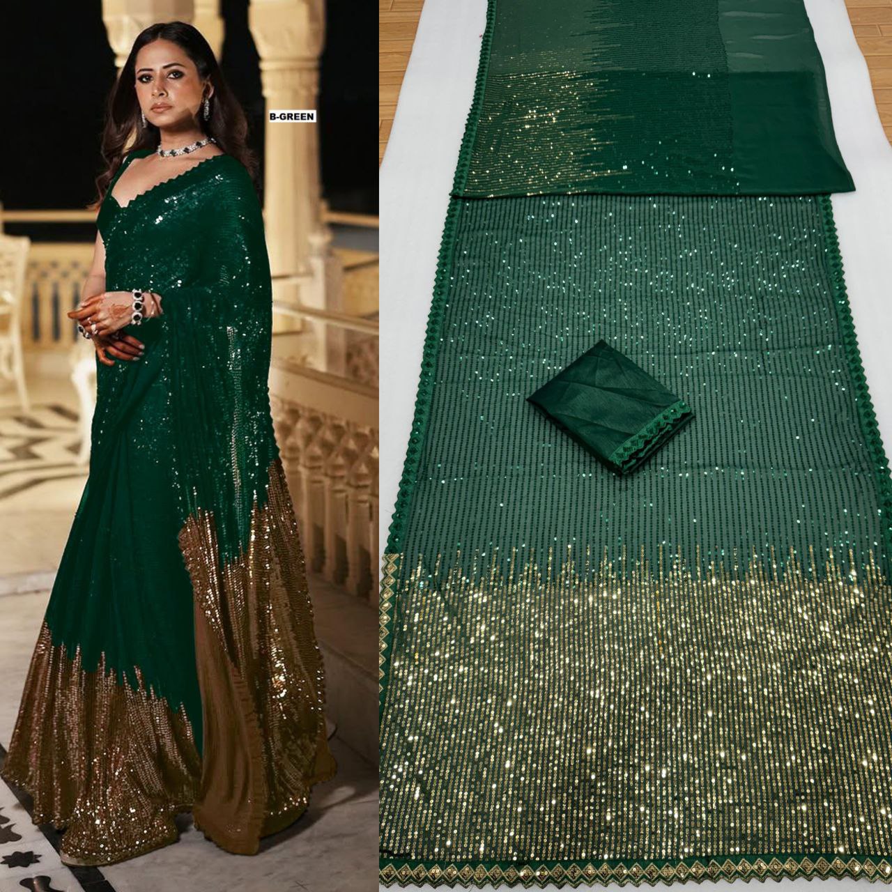 Women’s Georgette Saree with Heavy Dual Sequin Embroidery | Silk Blouse | Cutwork Lace Border | 4.4M Work Done