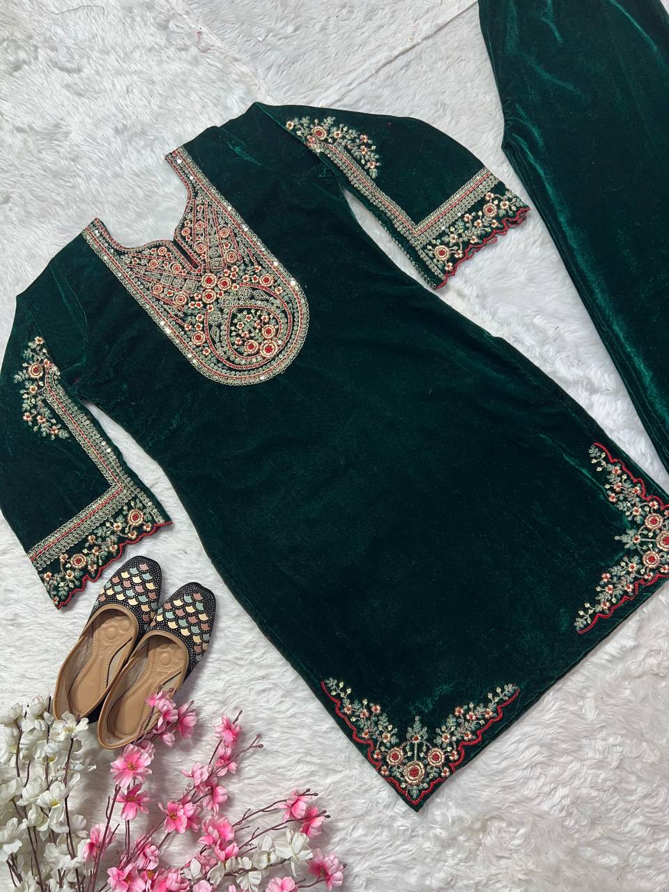 Designer Heavy Viscose Velvet Suit Set with Full Embroidery & Sequins Work Fully Stitched Top and Pant for Women Party & Wedding Wear