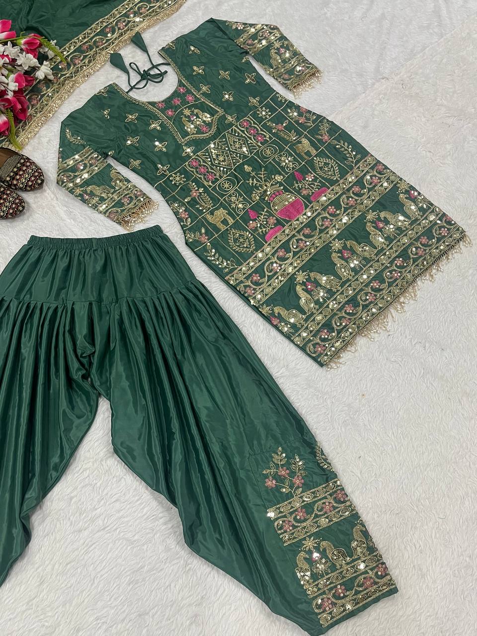 Women’s Natural Crepe Embroidered Dhoti Set with Dupatta | Sequence Work | Fully Stitched Top & Dhoti Style Bottom | Festive & Party Wear