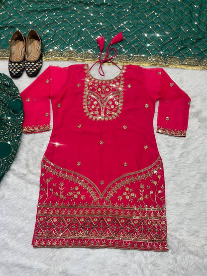 Designer Faux Georgette Dhoti Salwar Suit Set with Sequins Embroidery & Digital Print, Fully Stitched Top & Dupatta for Women