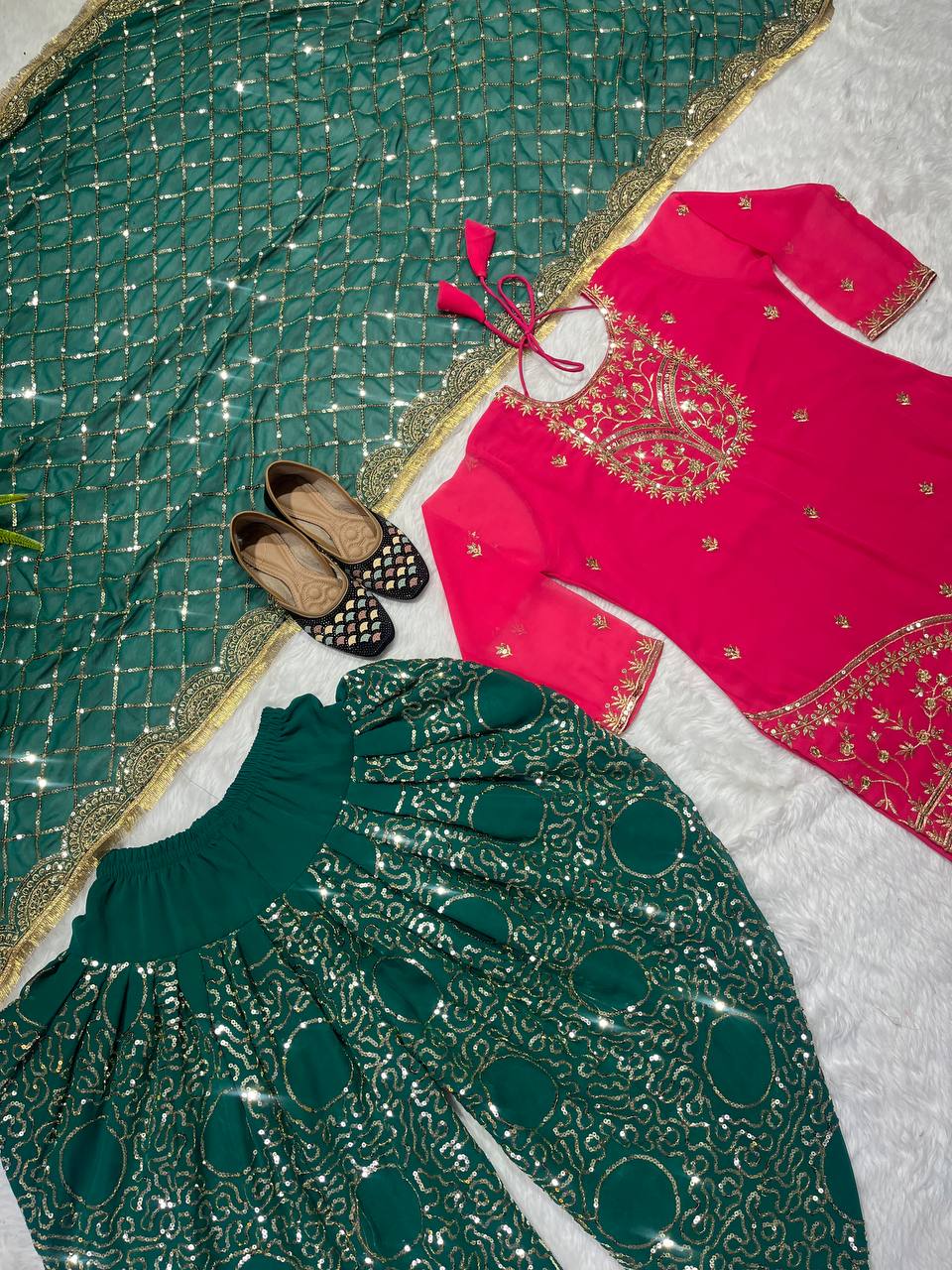 Designer Faux Georgette Dhoti Salwar Suit Set with Sequins Embroidery & Digital Print, Fully Stitched Top & Dupatta for Women