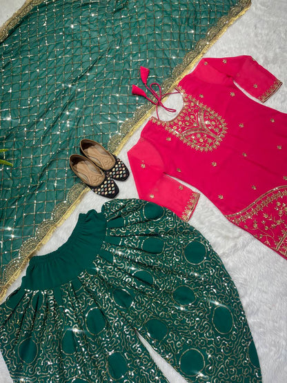 Designer Faux Georgette Dhoti Salwar Suit Set with Sequins Embroidery & Digital Print, Fully Stitched Top & Dupatta for Women