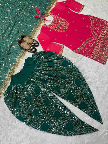 Designer Faux Georgette Dhoti Salwar Suit Set with Sequins Embroidery & Digital Print, Fully Stitched Top & Dupatta for Women