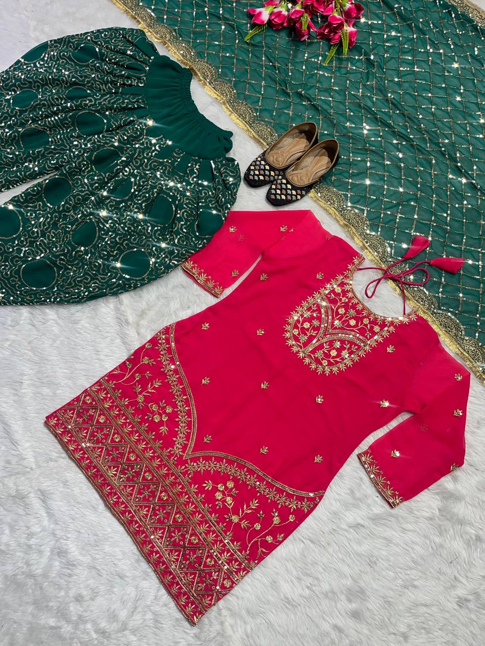 Designer Faux Georgette Dhoti Salwar Suit Set with Sequins Embroidery & Digital Print, Fully Stitched Top & Dupatta for Women