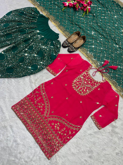 Designer Faux Georgette Dhoti Salwar Suit Set with Sequins Embroidery & Digital Print, Fully Stitched Top & Dupatta for Women