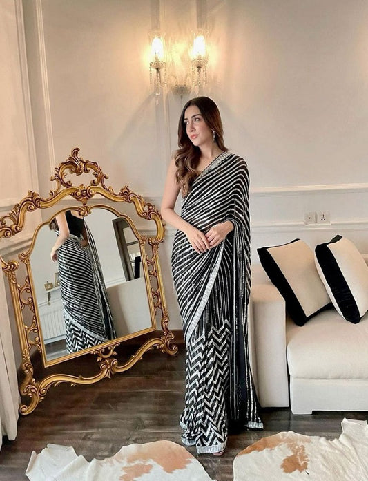 Black Bollywood Celebrity Style Designer Sequence Lace Border Saree Indian Wedding Beautiful Saree Customize Silk Blouse With Ready To Wear Saree