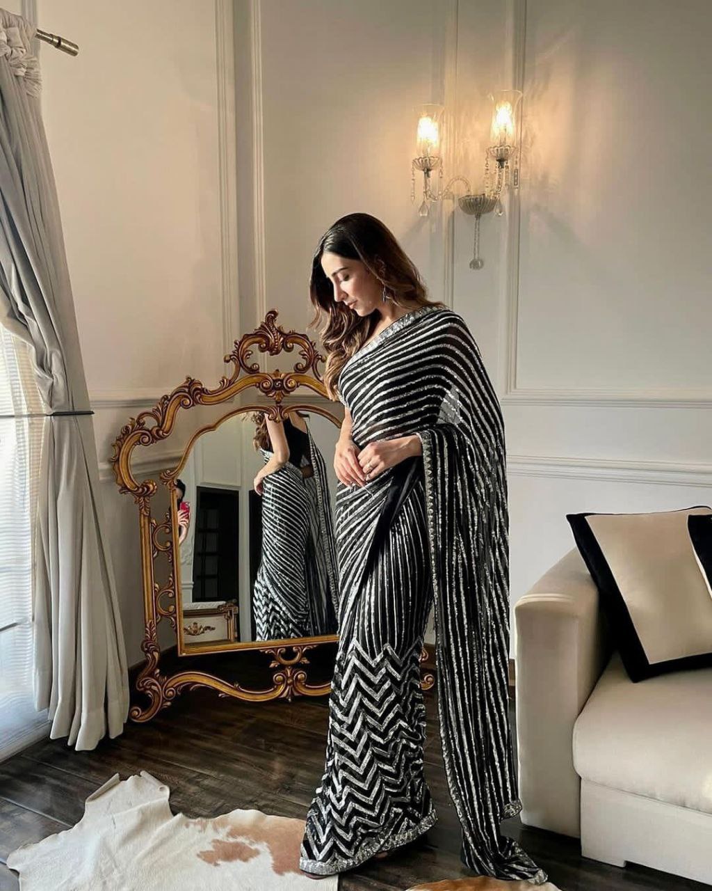 Black Bollywood Celebrity Style Designer Sequence Lace Border Saree Indian Wedding Beautiful Saree Customize Silk Blouse With Ready To Wear Saree