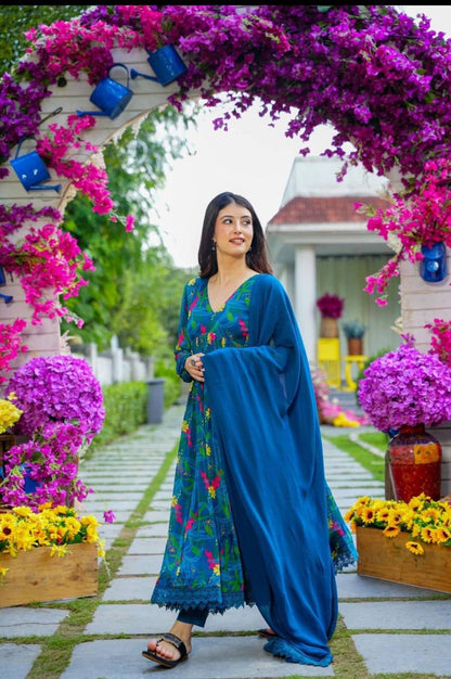 BLUE & YELLOW GEORGETTE PRINT AND FULL LINING WITH PENT AND NAZNEEN DUPATTA