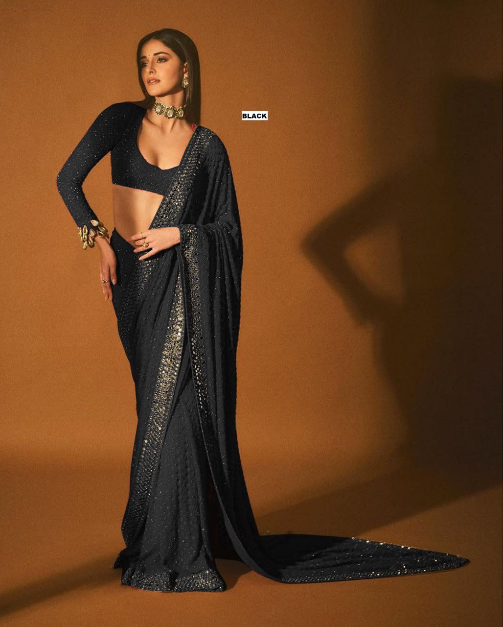 Heavy Quality Faux Georgette Saree with Jari Embroidery & LCD Diamond Mirror Border | 4.4 Mtr Work | Banglori Silk Blouse with Heavy Embroidery & LCD Diamond (Unstitched)