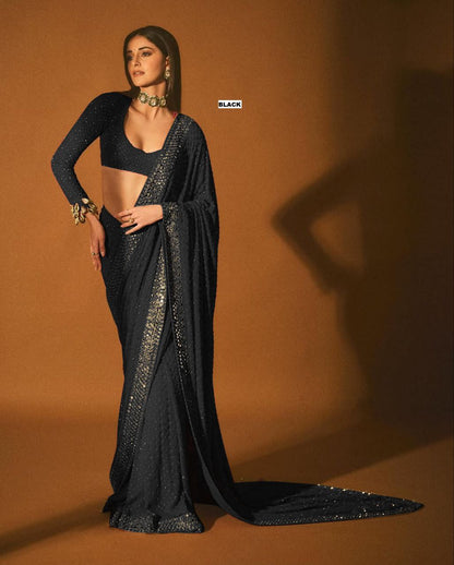 Heavy Quality Faux Georgette Saree with Jari Embroidery & LCD Diamond Mirror Border | 4.4 Mtr Work | Banglori Silk Blouse with Heavy Embroidery & LCD Diamond (Unstitched)