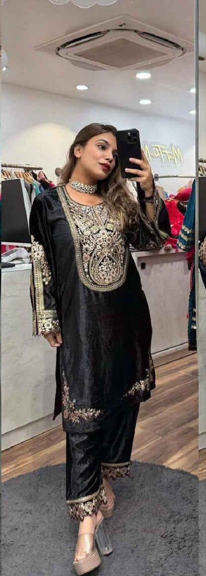 Designer Heavy Viscose Velvet Suit Set with Full Embroidery & Sequins Work Fully Stitched Top and Pant for Women Party & Wedding Wear