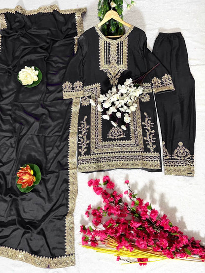 Kurti Pant 3 pcs Pair Embroidered Attractive Party Wear Chinon Silk Fabric Kurti Pair has a Regular-fit