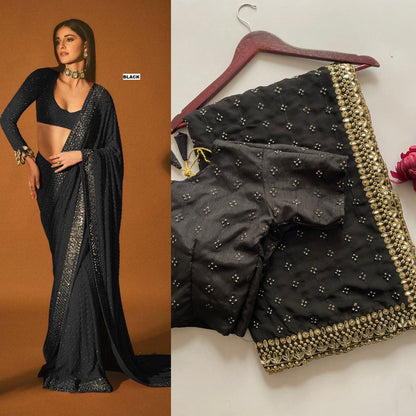 Heavy Quality Faux Georgette Saree with Jari Embroidery & LCD Diamond Mirror Border | 4.4 Mtr Work | Banglori Silk Blouse with Heavy Embroidery & LCD Diamond (Unstitched)