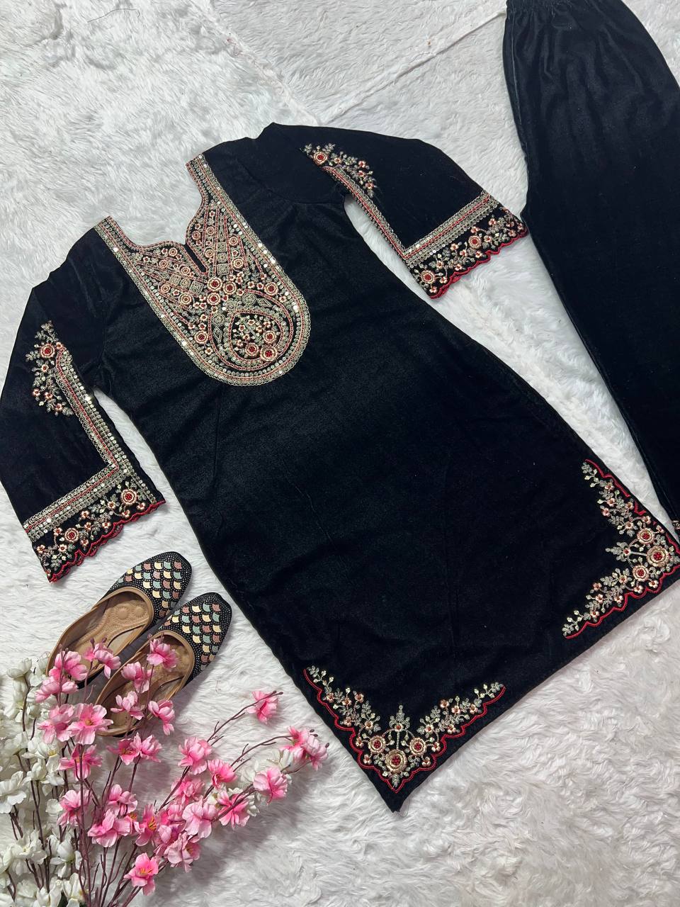 Designer Heavy Viscose Velvet Suit Set with Full Embroidery & Sequins Work Fully Stitched Top and Pant for Women Party & Wedding Wear