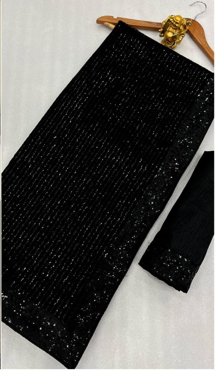 New Bollywood Blockbuster 3MM Sequins Georgette Saree with Silk Blouse | Premium Quality Embroidered Lace Border